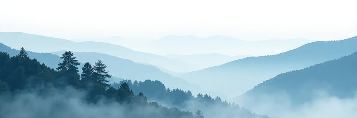A foggy mountain landscape with mist and trees on a white background, mist, natural wonder