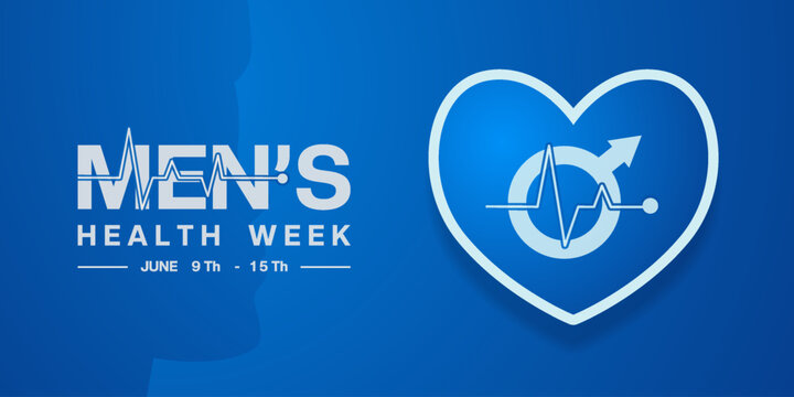 June 9th to 15th is National Mens Health Week. Heart, gender icon and human. Suitable for posters, banners, social media and more. Blue background.