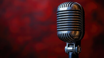 Vintage microphone stands against a blurred, reddish background. Captures old-fashioned broadcast quality