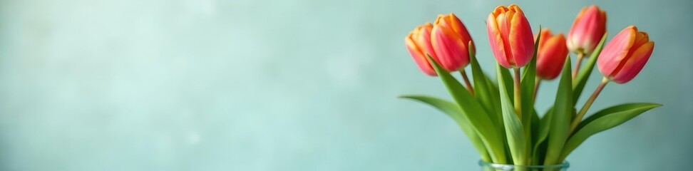 Fototapeta premium A single stem of fresh tulips in a glass container, bloom, spring, fresh