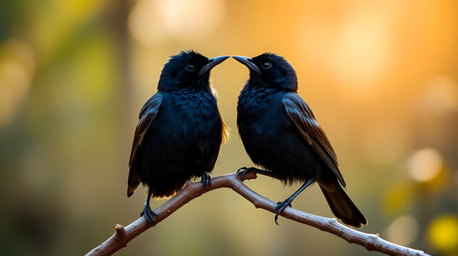Beautiful scene of male and female blackbirds perched together in a forest, engaging in pair behavior with sunlit bokeh in the background - Powered by Adobe