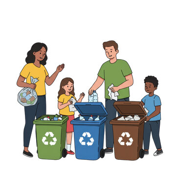 family recycling waste into colorful bins clip art preview