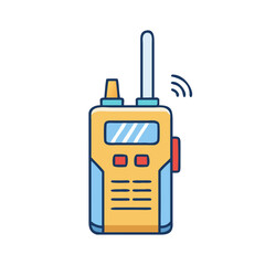 Illustration of a yellow walkie talkie communication device radio transceiver with antenna signal