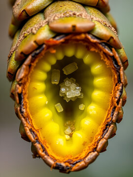Longitudinal section of male pine (Pinus sylvestris) cone, showing microsporangium and pollen.
