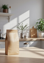 Light-filled kitchen scene with a kraft paper coffee bag on a wooden table.  Sunlight streams in, highlighting plants and kitchenware