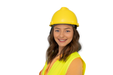 Confident female professional wearing yellow hard hat and safety vest, smiling while standing on construction site