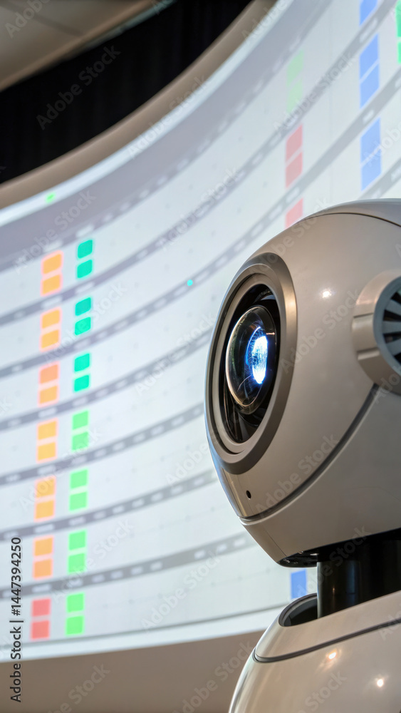 Poster robotic device projects school schedule timeline large screen, showcasing various colored indicators