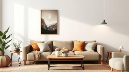 Cozy living room wall art mockup with preview of artwork hanging above a sofa, comfortable, aesthetic, mockup