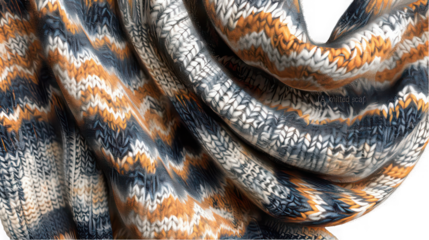 Close up of a knitted scarf with orange white and blue pattern