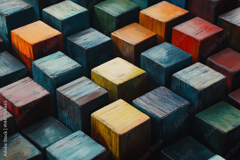 Poster multicolored painted wooden cubes, arranged in a textured pattern, showcasing a vibrant, abstract co