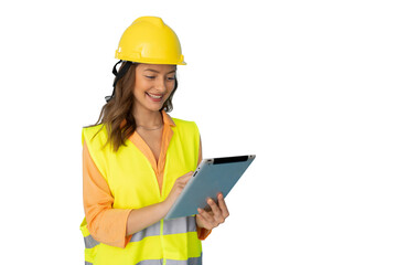 Young woman architect wearing safety helmet and vest using tablet with transparent background