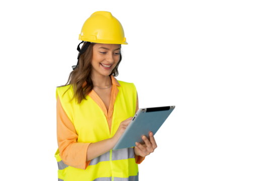 Young woman architect wearing safety helmet and vest using tablet with transparent background