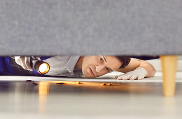 Young man worker from pest control service holding flashlight and looking under sofa at bugs or...