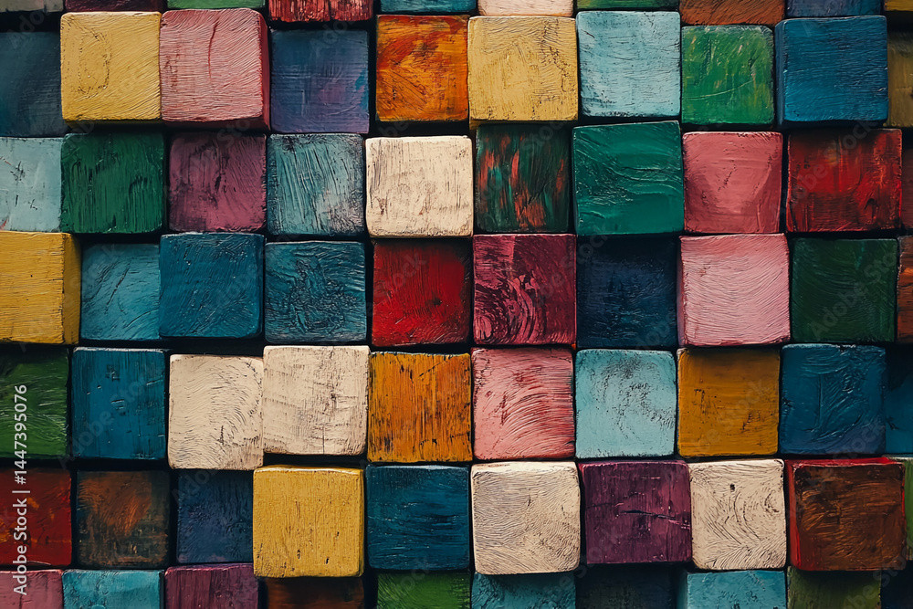 Poster multicolored painted wooden cubes create a textured background, showcasing a vibrant and artistic de