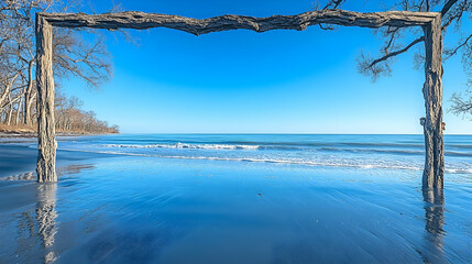 Ocean view framed by driftwood archway on tranquil beach