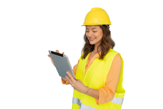 Young woman architect wearing safety helmet and vest using digital tablet with transparent background
