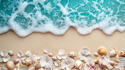 Gentle ocean waves lapping a beach strewn with seashells.