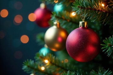 Fototapeta premium Festive Christmas tree with colorful baubles, glittering lights, close-up, star, colorful
