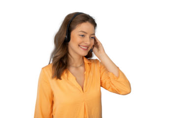 Friendly female call center agent wearing headset is adjusting microphone and smiling on transparent background