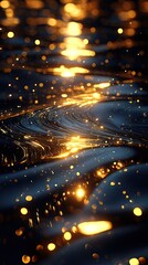 Naklejka premium Glistening, dark blue liquid surface with golden sparkles and reflections. Ethereal, dreamy