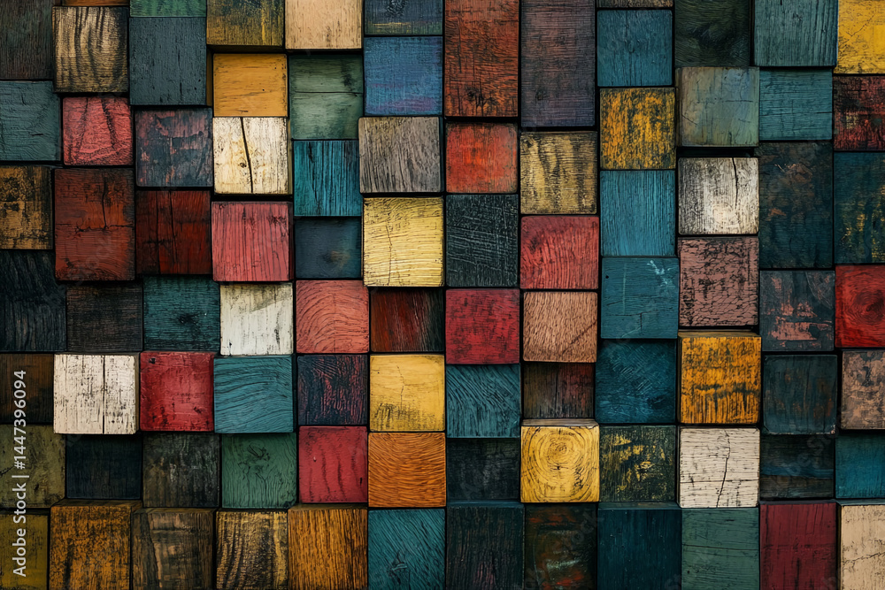 Poster colorful wooden cubes create a textured wall, showcasing a vibrant and diverse pattern ideal for bac