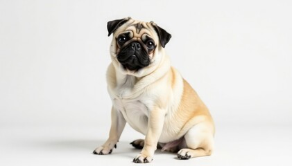 Adorable pug dog sits alone, white background, puppy, isolated dog, canine portrait