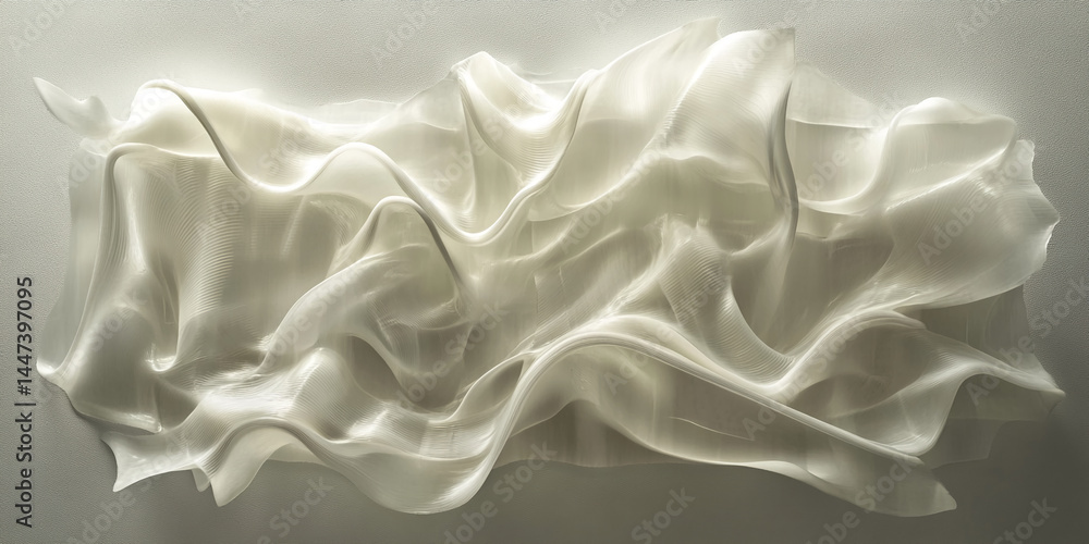 Poster Abstract image of off-white, flowing fabric-like texture creating a dynamic, wave-like form suggestive of movement and fluidity