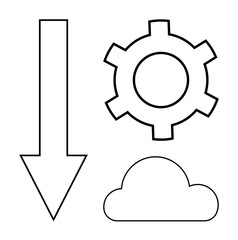 Arrow pointing down, gear, and cloud outline representing data download, processing, and cloud technology. Ideal for technology, workflow, cloud computing, data analysis process automation digital