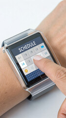 Person interacts with transparent wrist interface displaying schedule, showcasing modern technology and organization