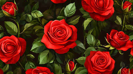 Lush Red Roses Seamless Pattern Dark Background Ai Generated