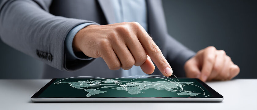 Efficient logistics and import strategies are visualized as businessperson interacts with digital world map on tablet device