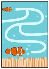 Clownfish baby maze puzzle for kids, helping the little fish reach its parent in an engaging sea-themed challenge.