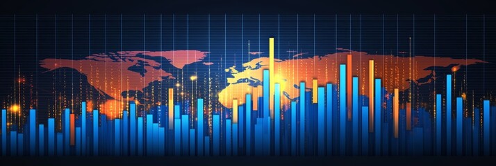 Global Business Data Abstract Financial Chart, World Map, and Data Visualization on Blue Background