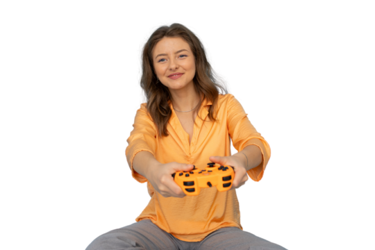 Gamer using orange controller, playing video games, having fun, isolated on transparent background
