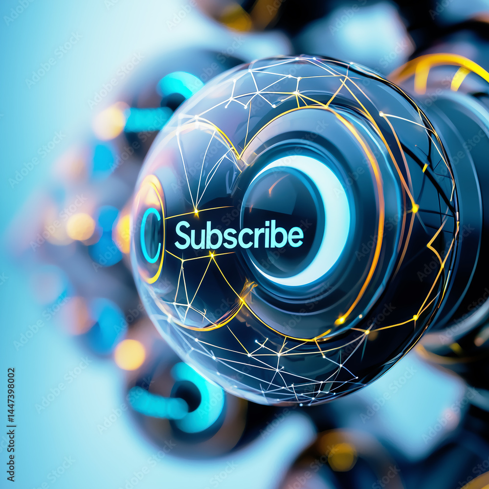 Aufkleber close-up of a futuristic subscribe button on a glossy sphere with a glowing digital network pattern.