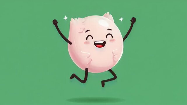 Animated cute pink food character jumping on green background