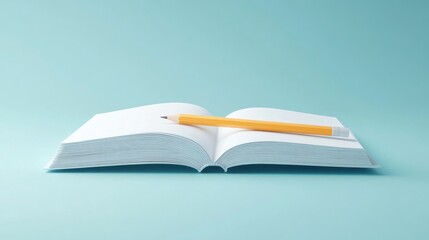 Open book and pencil on light blue background