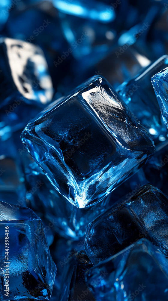 Poster close-up of blue ice cubes, showcasing translucent texture and sharp edges, symbolizing coolness, fr