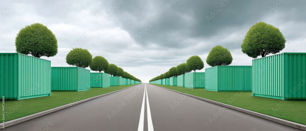 Poster efficient logistics import strategies are shown by green shipping container rows and trees along roa