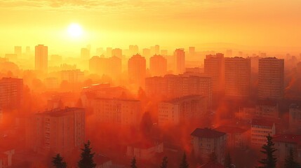 Fototapeta premium City at golden hour, buildings immersed in warm light and haze during sunrise