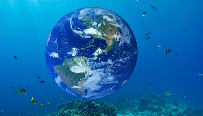 Obraz premium Ocean conservation concept showing Earth submerged halfway with sea creatures swimming around