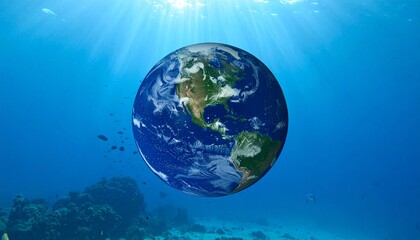 Fototapeta premium Planet Earth partially underwater with vibrant marine life circling in symbolic ocean protection art