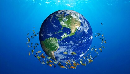 Fototapeta premium Concept art of Earth half-submerged in ocean with marine life swimming around for ocean conservation