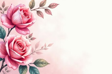 Fototapeta premium Delicate watercolor roses & leaves, blush pink hues, textile, pink