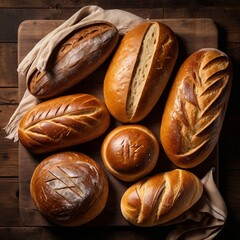 Overhead shot of various loaves of artisan bread arranged on a wooden board.