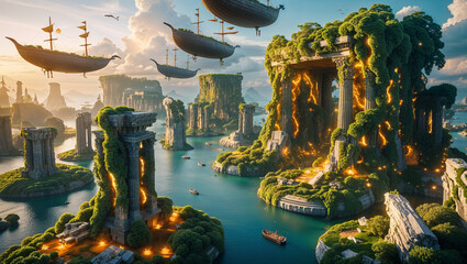 Obraz premium Fantasy landscape with flying ships ancient ruins greenery and turquoise waters