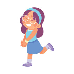 A joyful and happy cartoon girl wearing a stylish blue dress and glasses is featured here