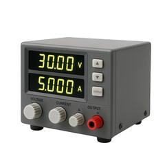 Fototapeta premium Benchtop electronic power supply unit with dual digital displays showing voltage and current settings.