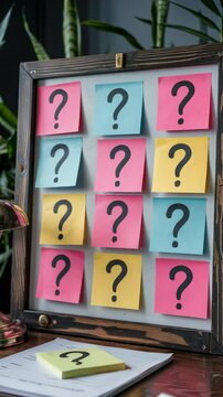 Vibrant sticky notes with handwritten question marks scattered across blank whiteboard, depicting collaborative problem solving workspace.