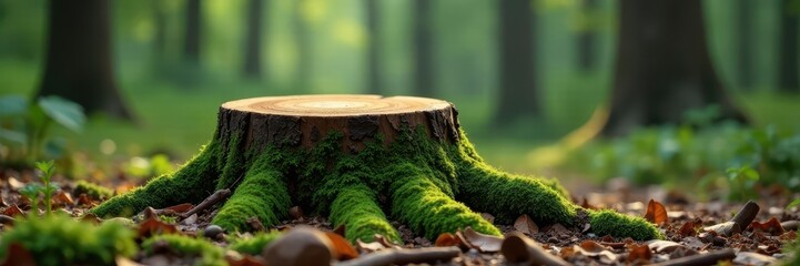 Lonely stump, thick moss, surrounding wood fragments , overgrown, brown